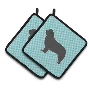 212 MAIN Thick Polyester Fabric Hot Pot Holders - Colorful Newfoundland Checkerboard Blue Pair, Hanging Design for Oven, Kitchenware Use