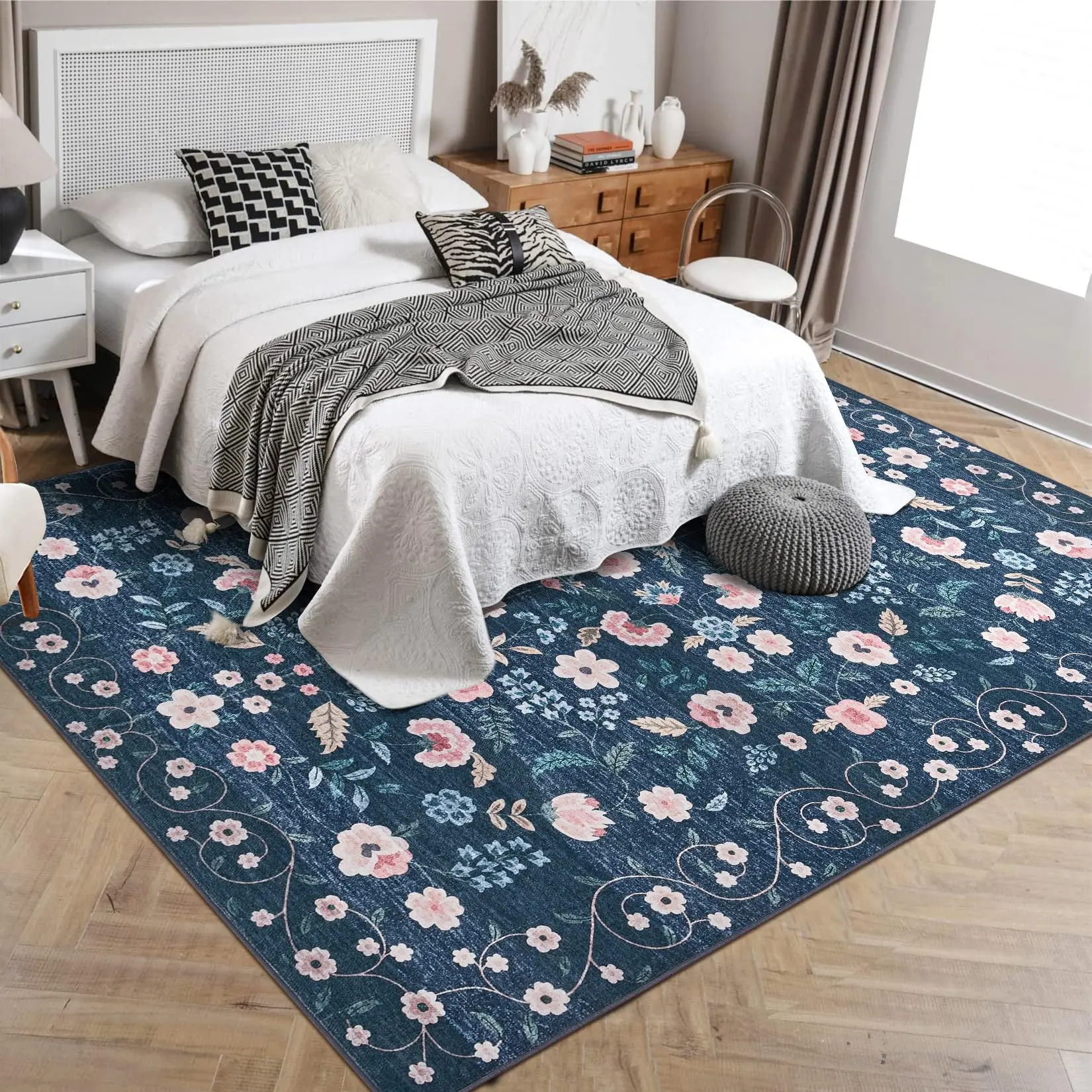 GARVEE 8'x10' Washable Floral Area Rug - Non-Slip, Low Pile Carpet for Living Room, Office, Bedroom, and Kids' Rooms in Black