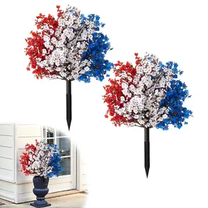 2PCS Independent Day Red, White, Blue Simulated Flower Wreath, Fake Flower Ground Insertion for Home Furnishings, Suitable for Outdoor Doors, Gardens, Flower Pots, Balcony Decoration