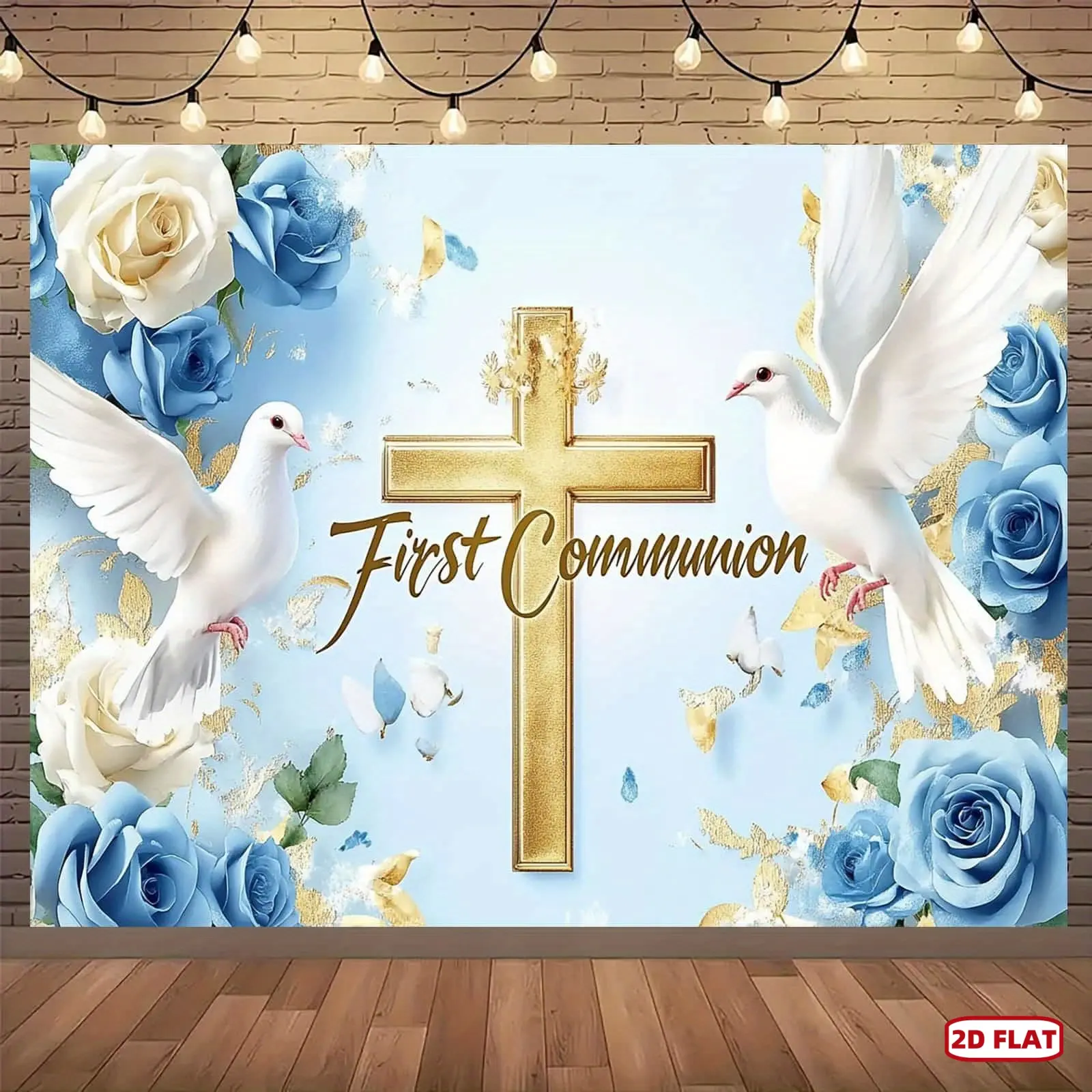 1pc Religious Illustration Polyester Throw - 2D Flat Soft Fabric Wall Art Banner, Elegant Blue Floral Doves, Golden Cross, First Communion Photo Booth/Cake Table Decor, Non-Electric