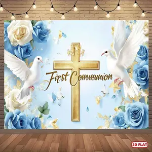 1pc 2D Flat, banner, First Communion Party Banner Backdrop - Elegant Blue Floral Doves & Golden Cross Design, Polyester Religious Wall Art for Easter Spring Celebrations, Photo Booths, Cake Tables - No Electric