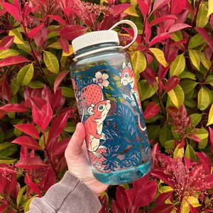 Nalgene Water Bottle - Strawberry Mice Design - 32 oz - Light Blue, Seafoam - White, Wide Mouth, Screw-On Lid - Reusable & Washable - BPA-Free - Portable, Lightweight Drinkware - Great for Everyday, Camping, Hiking, Sports - Cute, Nature, Animal