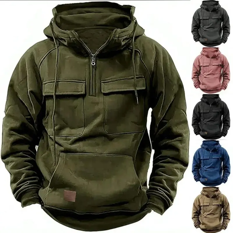 Half Zipper Men's Tactical Hoodies Solid Warm Fleece Military Sweatshirts Multi Pockets Male Hooded Jackets Thick Outdoor Polar Autumn winter