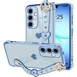 Samsung Galaxy A17 5G Case Cute Love-Heart Plating Strap Phone Cover for Women Girls Bling Silicone Camera Protection Bumper Shockproof Phone Case for Galaxy A17 5G (6.7") - Blue