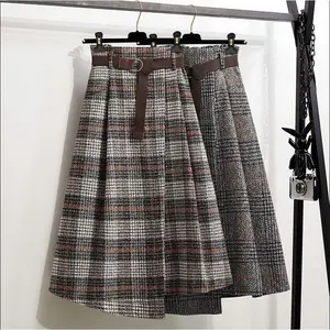 Women's Vintage Plaid Wool Blend Midi Skirt Houndstooth A Line Wool Long Skirt with Belt