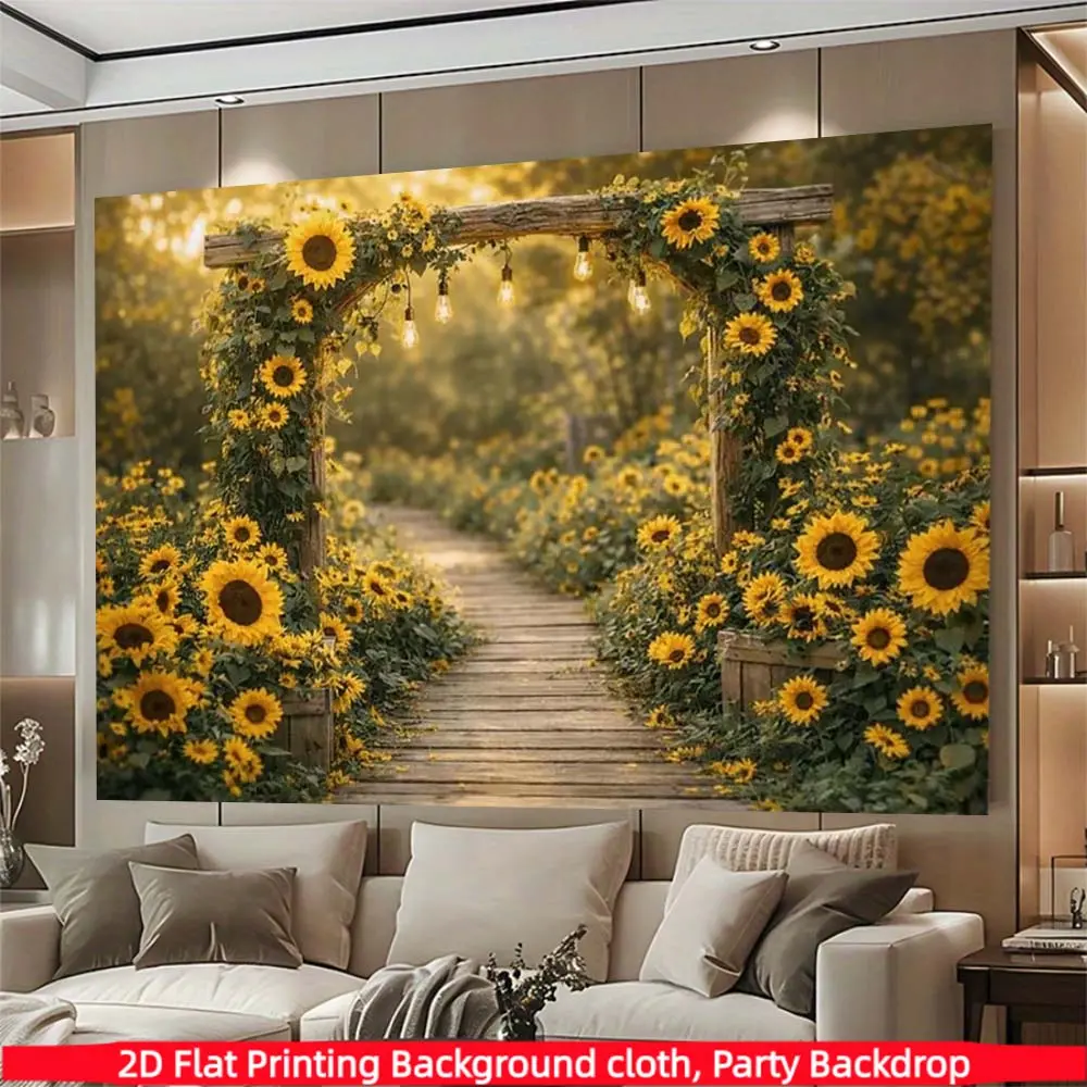1PC, Sunflower Garden Arch Backdrop, Happy Birthday Backdrop, Rustic Wood Fence with Yellow Sunflower Path Theme Backdrop, Polyester Fabric, Suitable for Photo Booth, Party, Birthday, and Indoor/Outdoor Home Wall Decor, Party Banner
