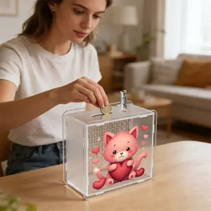 2026 New Acrylic Transparent Piggy Bank, Cute Cat Design, Love Print, Suitable for Home Savings, Desktop Decoration, Gift Idea