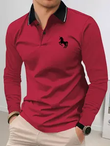 Spring & Autumn Mens Lightweight Polo Shirt with Horse Print Long Sleeve T-Shirt / Fashion Casual Sportswear Suitable for Running, Golf, Fishing & Other Outdoor ActivitiesGreat gift for husband or boyfriend. SpringStatements