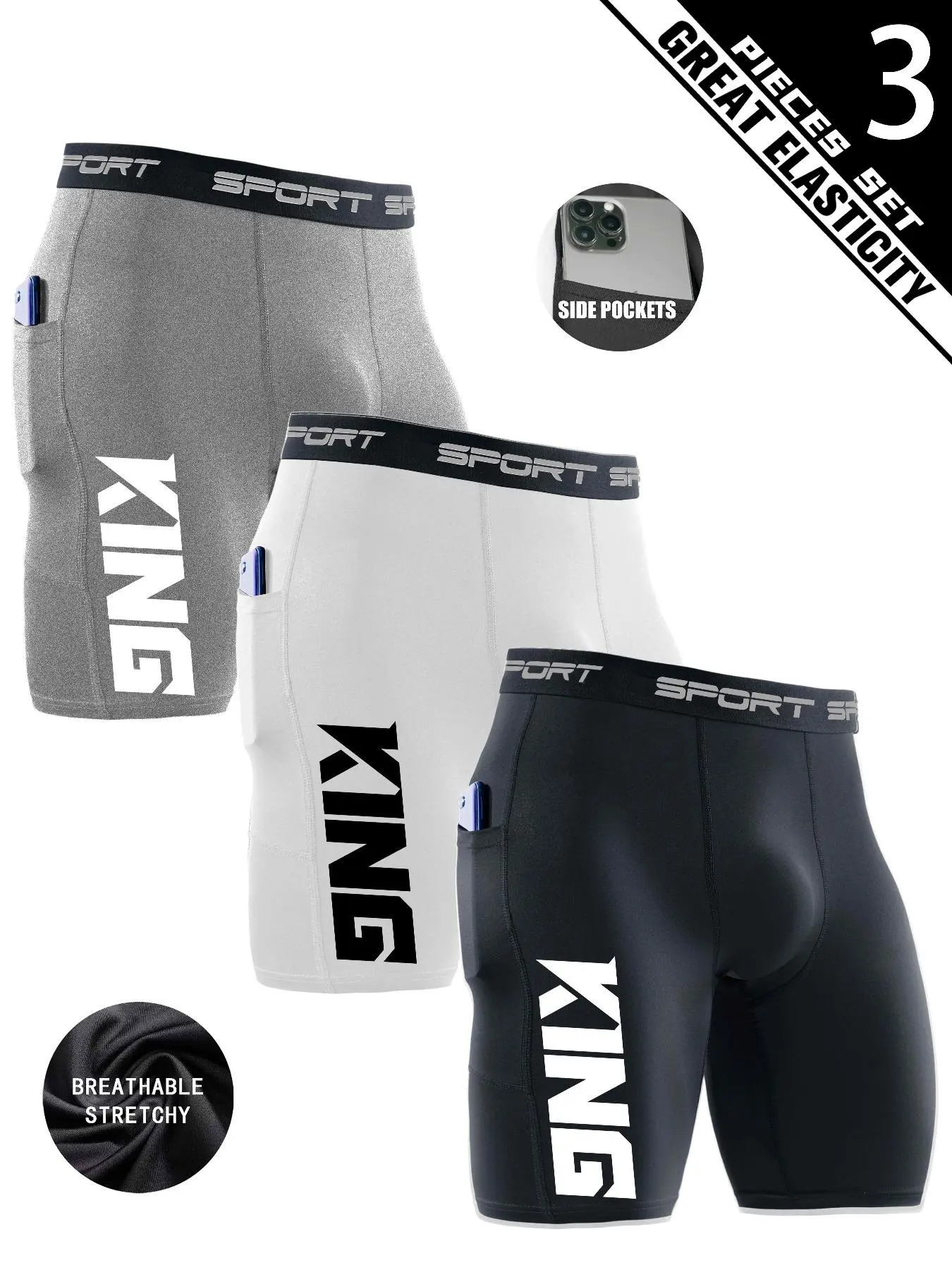 3-Pack Men's Compression Shorts with “KING” Graphic – Breathable, Quick-Dry, High Stretch – Athletic Wear Shorts – Gym, Running, Streetwear Style, Fitness Workout Shorts (Gray/White/Black)