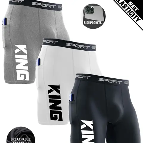 3-Pack Men's Compression Shorts with “KING” Graphic – Breathable, Quick-Dry, High Stretch – Athletic Wear Shorts Sportswear – Gym, Running, Streetwear Style, Fitness Workout Shorts (Gray/White/Black)