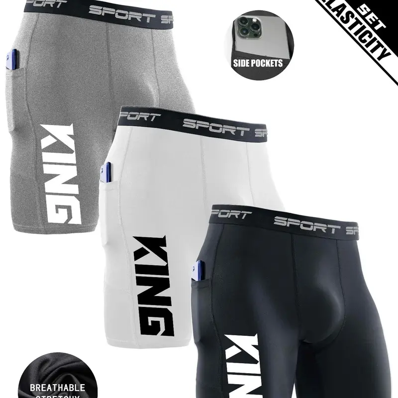 3-Pack Men's Compression Shorts with “KING” Graphic – Breathable, Quick-Dry, High Stretch – Athletic Wear Shorts Sportswear – Gym, Running, Streetwear Style, Fitness Workout Shorts (Gray/White/Black)