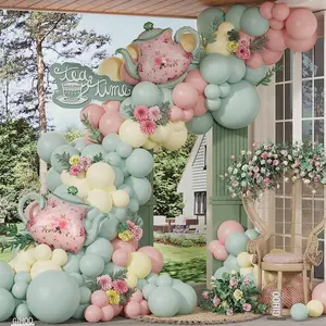 Tea Party Decorations 139pcs Pastel Tea Party Balloon Arch Garland Kit with Pink Green Teapot Mylar Balloon for Let's Par-Tea Girls Birthday Spring Garden Tea Party Decor (Tea Party)