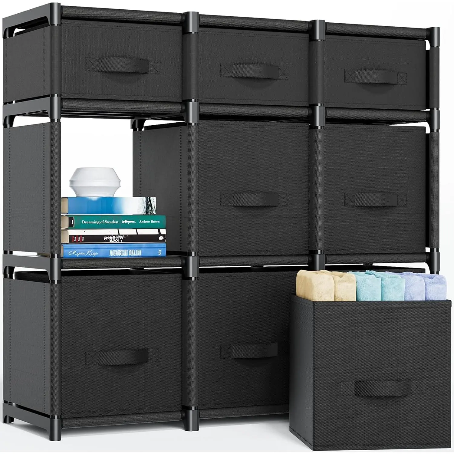 Black 9-Cube Freestanding Storage Organizer Shelf with Drawers - Easy-Assembly Home Supply for Living Room, Dorm Room (Includes Storage Drawers)