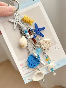 New Starfish Keychain,Ocean Style Multi-Charm Star Fish Key Ring Bag Chain Pendant,Starfish Shell Conch Fish-Shaped Beaded Keyring,Shell & Faux Pearl Decor Keychain,Bohemian Vacation Starfish Conch Shell Bag Charm,Car Beach Bag Backpack Hanging Ornament
