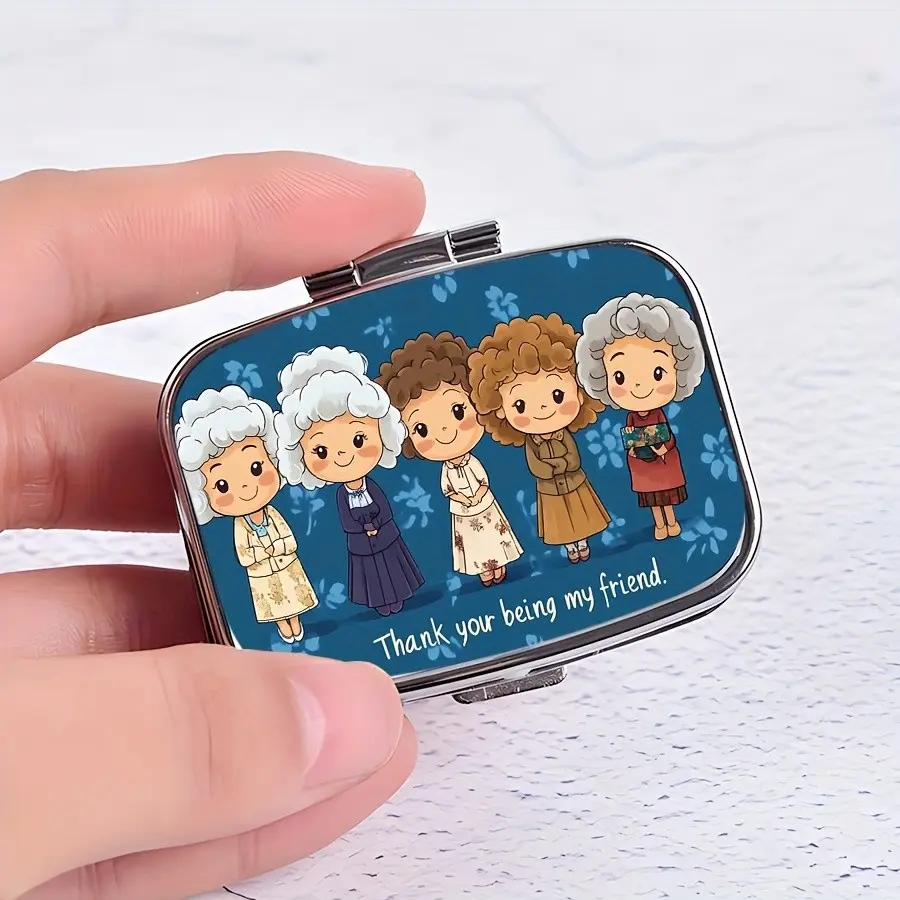 Golden Girls Cartoon Pill Case with Mirror, Kawaii Retro Style Double Compartment, Portable Travel Pill Box, Vitamin Organizer, Supplement Organizer, Vitamin Dispenser, Ideal Gift for TV Show Fans