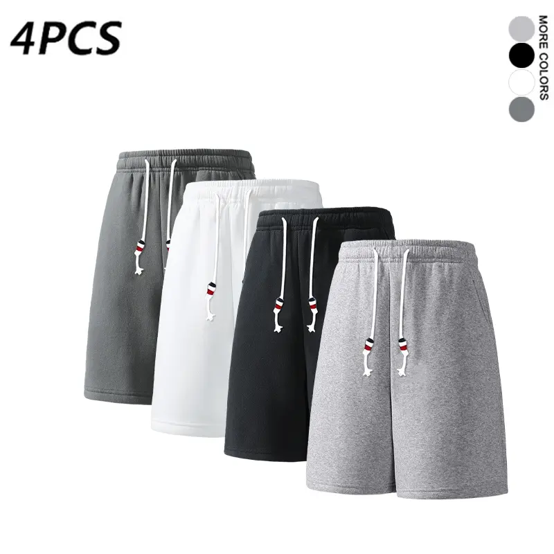 Men's 4-Pack Plain Cotton Sweat Shorts, Soft Casual Loose Fit with an Elastic Drawstring Waist for Summer Workouts, Blue + Pink + Black + Light Gray