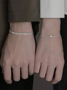 2pcs Stainless Steel Heart Couple Bracelet Set, Matching Heart Bracelets, Fashionable Jewelry for Dating, Parties, Daily Wear, Valentine's Day Gift, Minimalist Chain Bangles