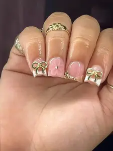 10Pcs Y2K Press-On Nails | Gold Bow & Pink Flower Square Nails, White French Design