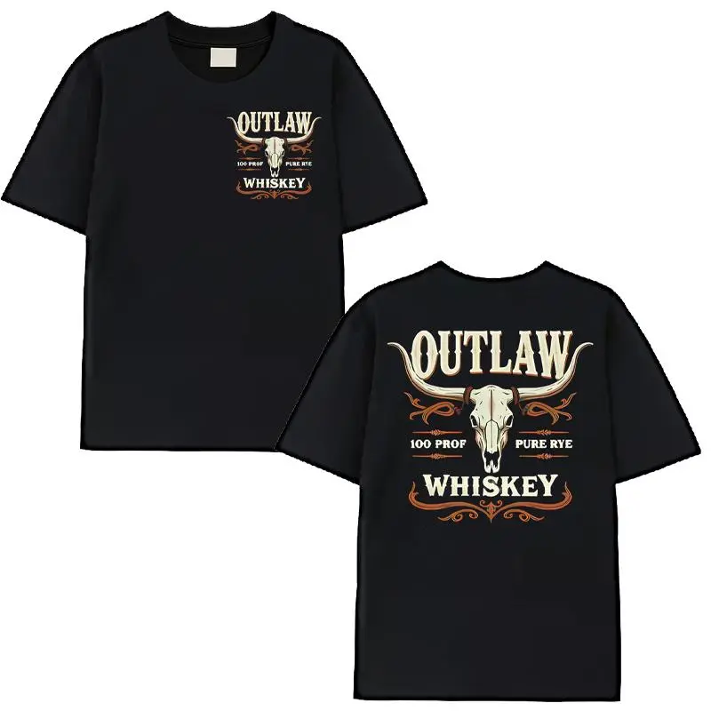 Men's Outlaw Whiskey Graphic T-Shirt, Retro Western Double-Sided Print, Soft 100% Cotton Casual Loose Fit Short Sleeve Top, Shortsleeve, Menswear, Tshirt, Round Neck, Retro Jersey Style, Western Theme