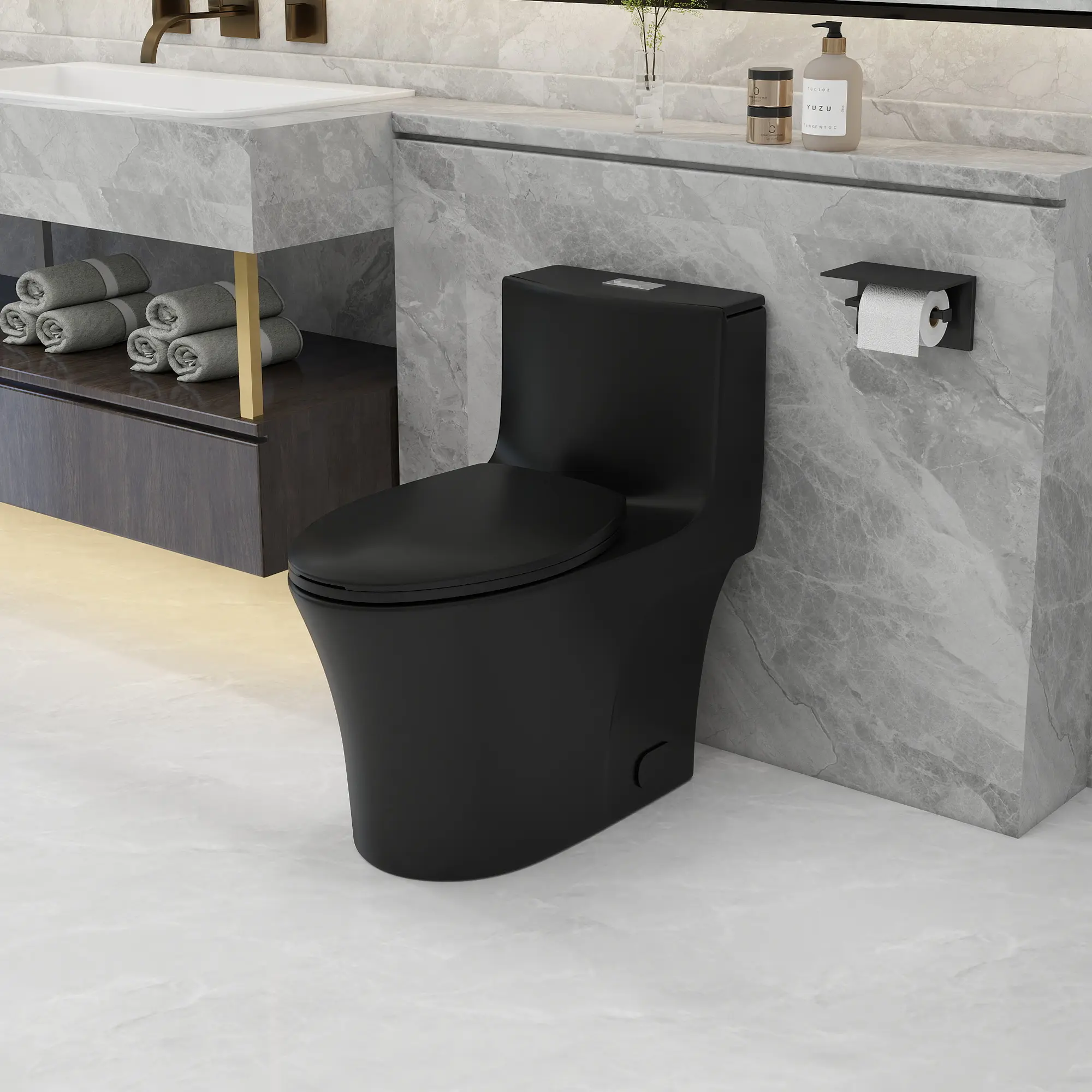 One-Piece Elongated Matte Black Ceramic Toilet, 17"ADA Comfort Height, Top-Mount Dual Flush Buttons, Tornado Siphonic Dual Flush 1.1/1.6 GPF, MaP 1000g, 12" S-Trap Rough-In, Quiet Soft-Close Seat