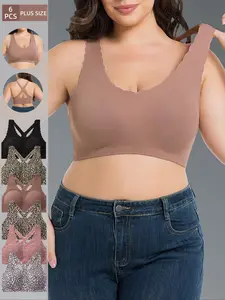 Women's Leopard Print Wireless Sports Bra Set, 6-Piece Comfortable Breathable Underwear, Fall Winter Plus Size Ladies Lingerie Collection