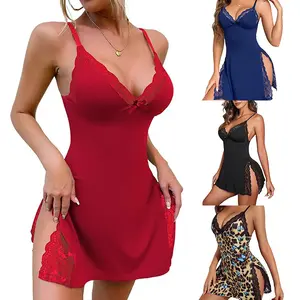 Women Leopard Print Lace Chemise Nightgown V Neck Sleep Dress with Thigh High Slit Womens Lingerie