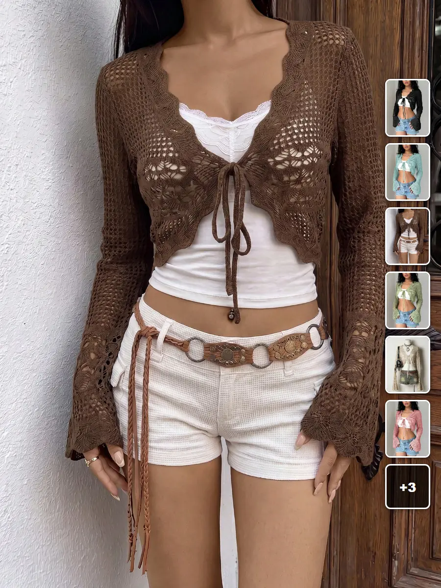 Cropped Cardigan Hollow Out Knit Long Sleeve Versatile Streetwear