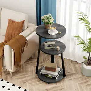 End Side Table, Round Sofa Table with Metal Frame, 3-Tier Coffee Table Nightstand for Home, Black&Grey