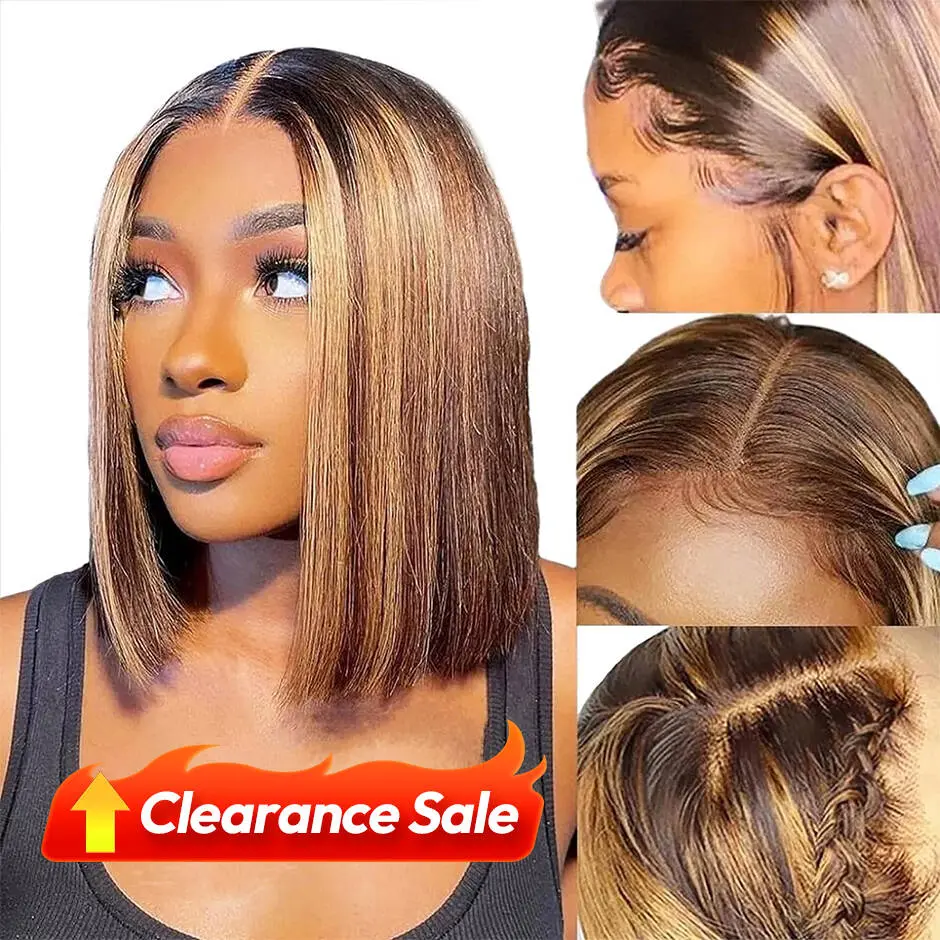 YAWAWE HAIR 10 Inch 4x4 Highlight Bob Wig Human Hair 180% Density Face-Framing Straight Clearance Sale