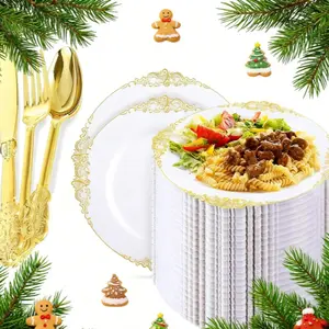 50-Piece & Gold Plastic Plates Set, Reusable Dinnerware Includes 10 Dishes & 10 Dessert Plates, Perfect for Halloween Christmas Wedding
