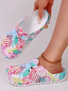 Women's Fashion Floral Print Hollow Out Shoes, Soft Cushioned Slippers, Eva Summer Anti-Slip Work Shoes, Lightweight Flat Soft Sole Adjustable Strap, Casual Slipper Shoes