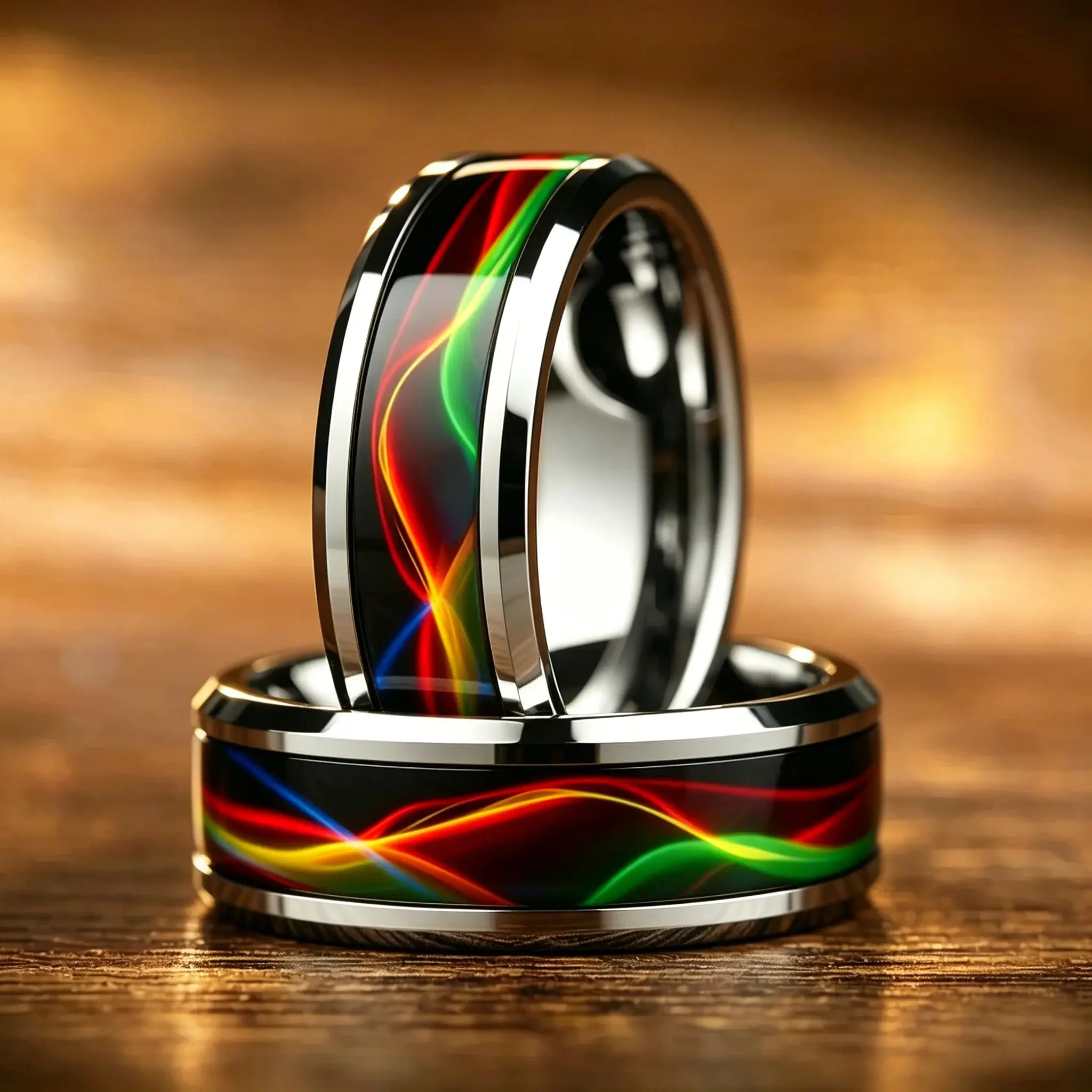 Fashion Men Stainless Steel Rings, 8mm Cyberpunk Rainbow Aurora Grain Inlay Rings for Men High Polished Wedding Bands Jewelry