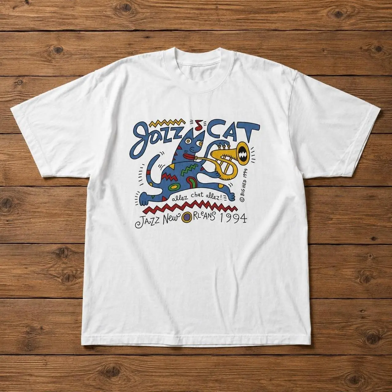 Jazz Graphic T-shirt Retro 90s Jazz Cat Trumpet New Orleans Printed Tee, Vintage Colorful Music Lover Shirt, Oversized Top