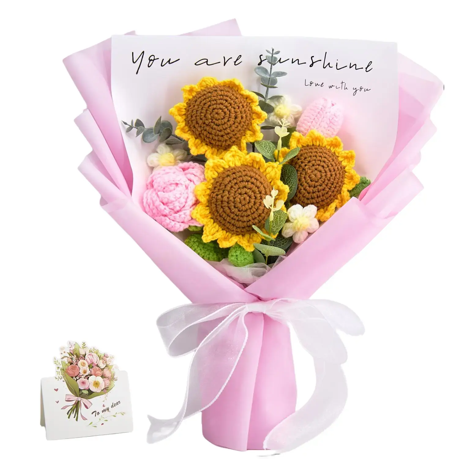 YShomy Handmade Crochet Flowers Bouquet Gift for Girlfriend Birthday Wedding Anniversary Just Because Graduation Gift with Sunflowers Pink Rose Tulip Forever Flowers for Her with Greeting Card US Fast Shipping Youthful Home Decor Women's Gift