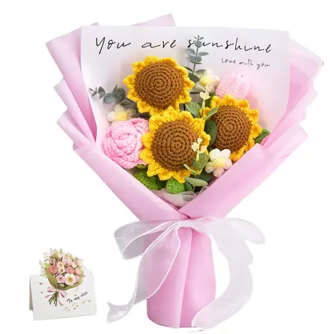 YShomy Handmade Crochet Sunflower Bouquet with Pink Rose Tulip, Cotton Yarn Forever Flowers, Gift Ideas, Fall Gift, Birthday Anniversary Halloween Friendsgiving Thanksgiving Christmas Gift for Girlfriend Her, Greeting Card Home Decor