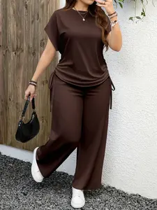EMERY ROSE Plus Size 2pcs Casual Solid Dark Brown Set – Summer Outfit for Women