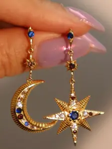 Vintage Colorful Zircon Asymmetric Star Moon Earrings, Elegant Design for Daily Wear, Party Jewelry, Gift for Girlfriend Mother, Dangle Earrings, Shining Earrings