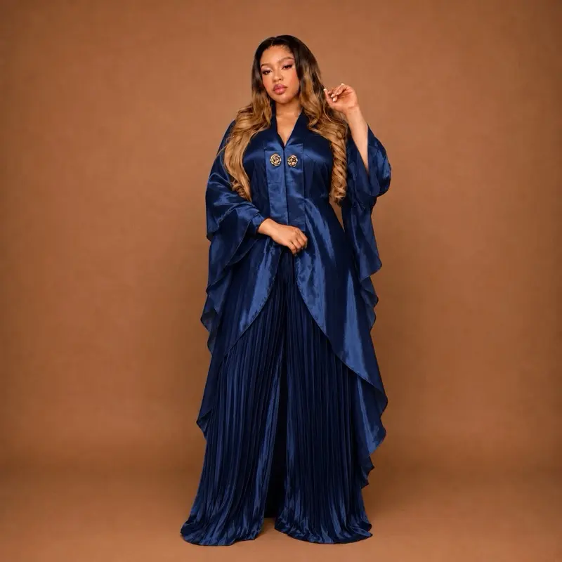 Women's Indigo Majesty Boubou 2-Piece Pleated African Kaftan Dress Set - Breathable All Seasons Casual Layered Sleeve Maxi, Elegant Decent Womenswear, Pleated Dress