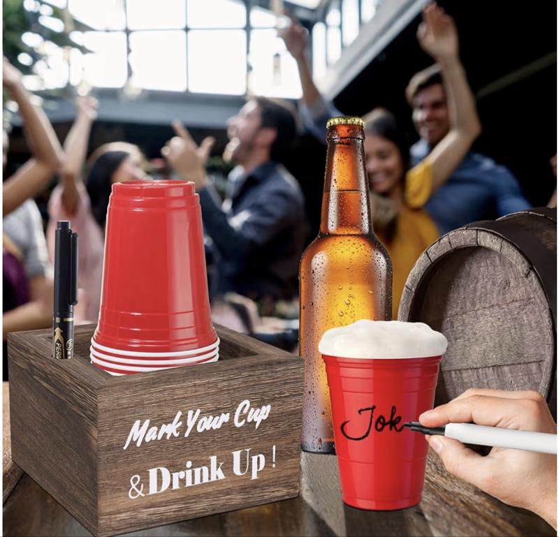 Wooden Cup Holder - Party Cup Holder with Marker Slot, for Party and Wedding, Rustic Disposable for Bar, Kitchen, Countertop, Home & Office, Brown