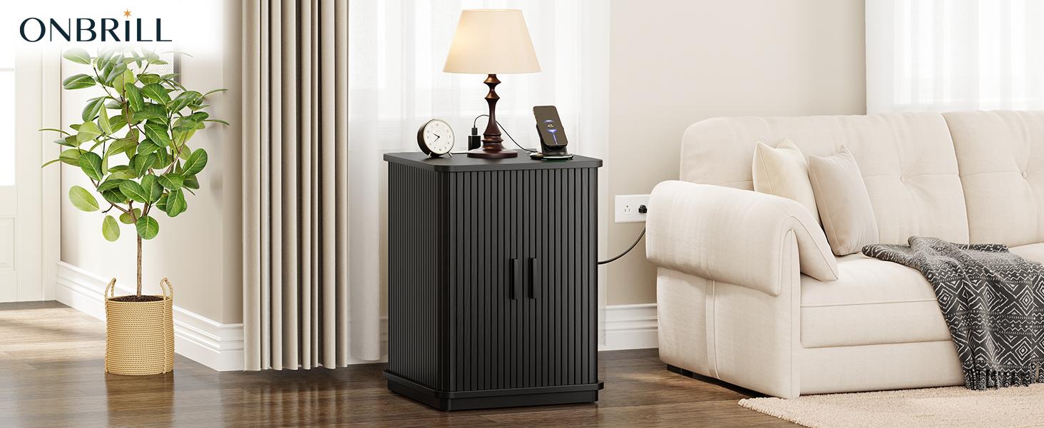 【Sliding Door Design】ONBRILL Square End Table with Storage & Charging Station, Fluted Accent Side Table with Sliding Door & Sturdy Pedestal, Mid-Century Modern Nightstand for Small Space, Living Room Furniture,dorm essentials,home decor 【Sliding Door Design】ONBRILL Square End Table with Storage & Charging Station, Fluted Accent Side Table with Sliding Door & Sturdy Pedestal, Mid-Century Modern Nightstand for Small Space, Living Room Furniture,dorm essentials,home decor