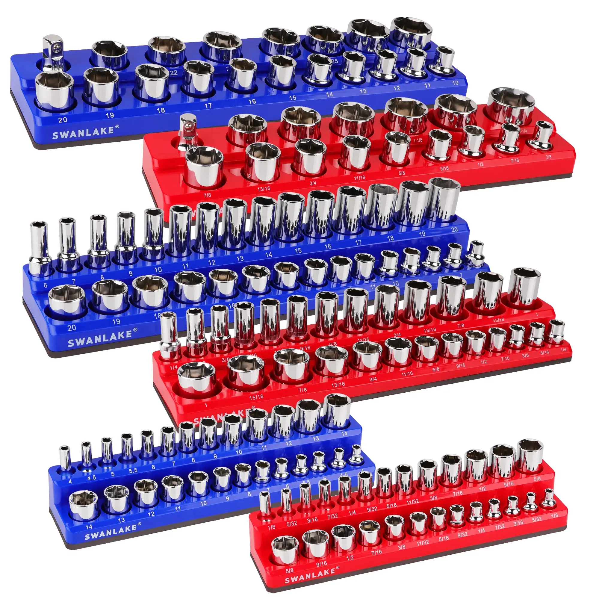 SWANLAKE Magnetic Socket Organizer Set - 6PCS Heavy-Duty Molded ABS Plastic Trays (Blue-Red), Legible Labels, Rubber Surface, Holds 143 Metric & SAE 1/4", 3/8", 1/2" Sockets for Cluttered Toolbox Organization