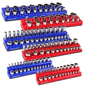 SWANLAKE Magnetic Socket Organizer Set, 6PCS ABS Plastic Trays (Blue&Red) - Magnetic Type for Organizing Tools, Holds 143 Pieces of 1/4", 3/8", 1/2" Sockets for Toolboxes, Organize Tools