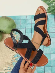 Women's Flat Roman Sandals, Cross-Woven Strap Open Toe Beach Shoes, Comfortable Soft Sole Versatile Women's Footwear