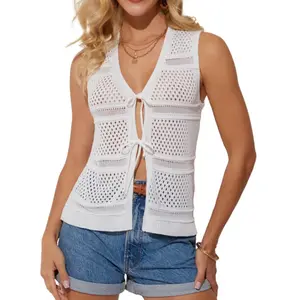 【New Arrival】Women's Summer Tank Top Crochet Knit Sweater Vest V Neck Sleeveless Open Tie Front Crop Tops
