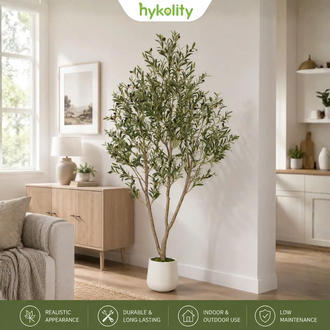 ROMSWI 5FT/6FT/7FT Artificial Olive Tree Faux Olive Plant Realistic Leaves Silk Tree with White Pot Planter Lifelike Green Leaves & Olive Fruits for Home Office Decor, Interior Outdoor Decoration