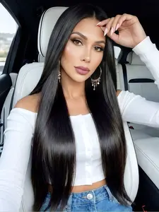 32" Long Straight Black Lace Front Wig 13x4 HD Lace Heat-Resistant Synthetic Hair Pre-Plucked Hairline Free Parting Sleek Daily Wear Synthetic Wigs