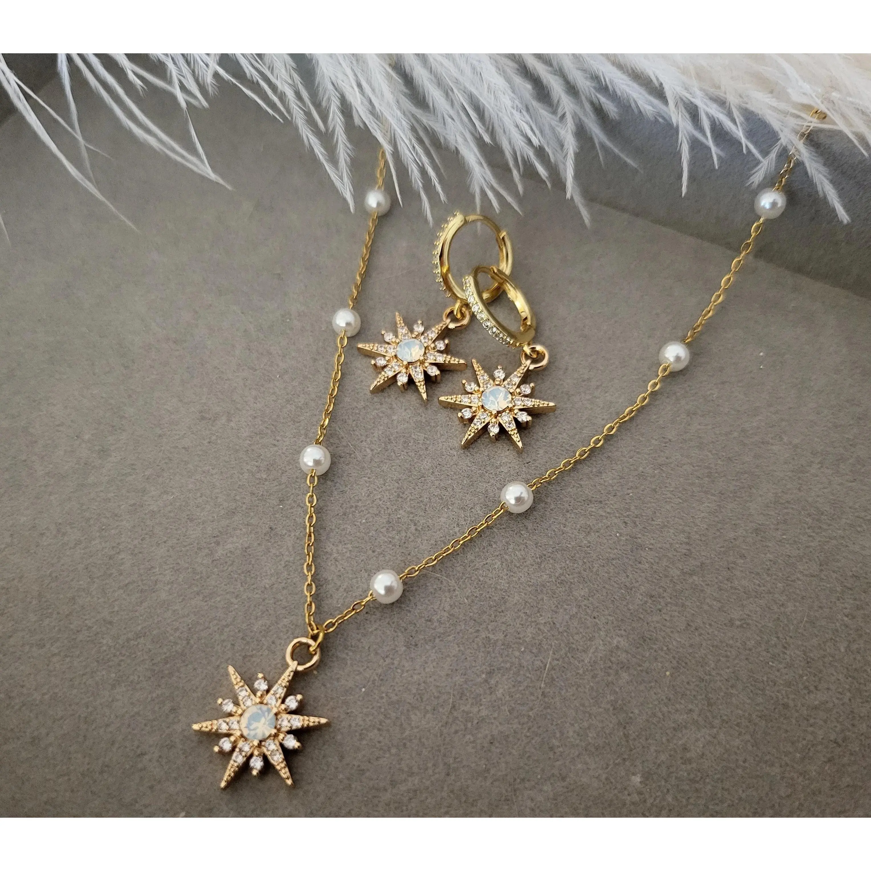 Women's Stainless Steel Star Burst Opal Jewelry Set - Fashion Costume Accessory