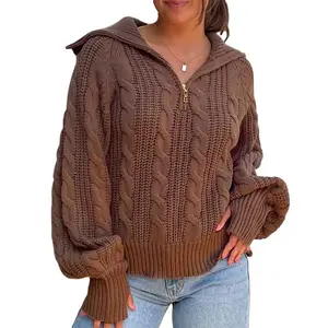 Women's Autumn Zip Up Sweater Long Sleeve Lapel Solid Color Knit Cable Knitwear