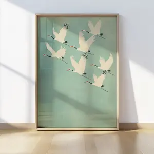 Flying Japanese Cranes Print, Japandi Style Bird Poster, Minimalist Nature Decor, Elegant Asian Wall Art, Zen Aesthetic Gift for Bird Lovers Frameless J