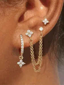 3pc Stainless Steel Ear Stud Earrings Set, Elegant Zircon Star Earrings, Trendy Tassel Drop Earrings for Girls & Women